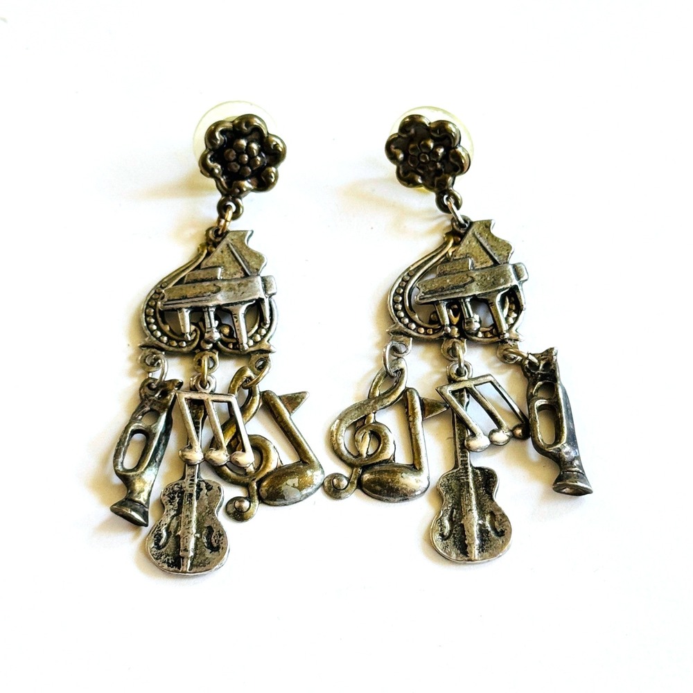 VTG Instruments musical notes Charm Earrings piano cello pierced dangle 80s 2.6"